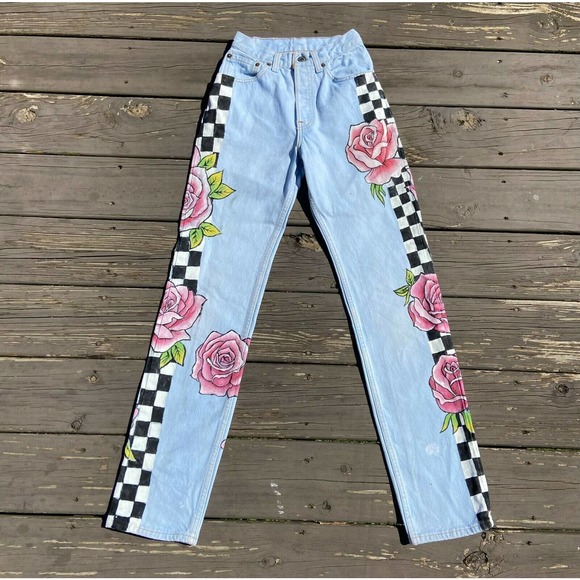 Levi's Denim - Vintage 80s Womens Levis 501 Hand Painted Rose Checkered Jeans Button Fly 24x31